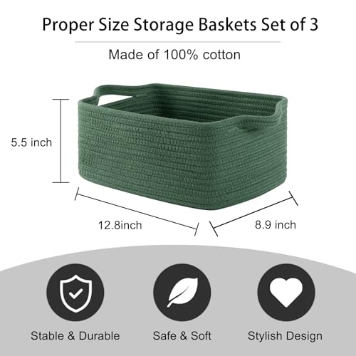 OIAHOMY Cotton Rope Woven Baskets for Storage, Nursery Rectangle Storage Basket with Handles for Shelves, Pack of 3, Green - color: Green