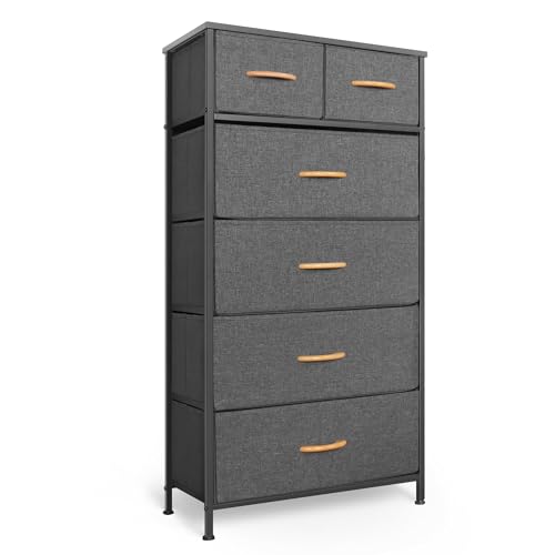 Mifuro Tall Dresser for Bedroom, Vertical Storage Organizer Tower with 6 Drawers, Chest of Drawers with Fabric Bins, Steel Frame, Wood Top for Bedroom, Closet, Entryway- Grey - color: Grey, size: 6 Drawers