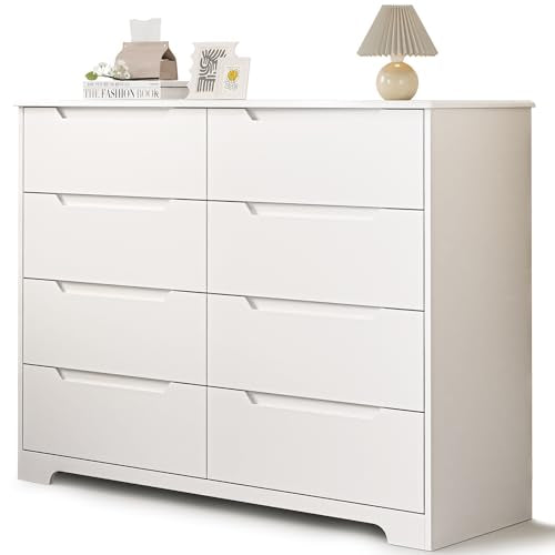 Gizoon 8 Drawer Dresser, 47" Wide White Dresser for Bedroom with Cut-Out Handles, Modern Wooden Chest of Drawers with Anti-Tip Kit, for Living Room, Hallway, Entryway, Home Office - color: White, size: 15.7"D x 47.2"W x 35.4"H (8 Drawers)