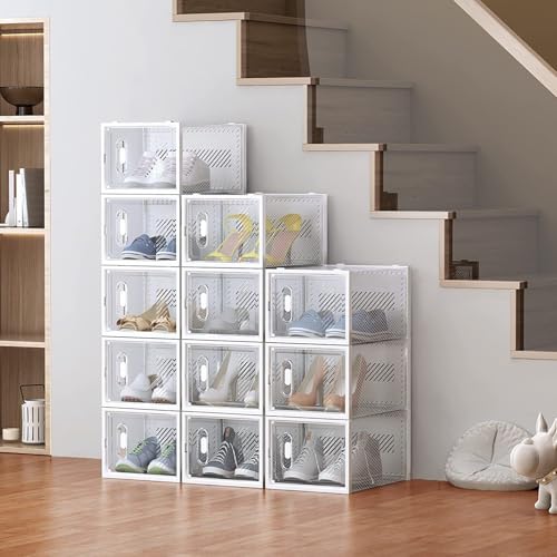 6-Pack Clear Plastic Stackable Shoe Storage Boxes for Sneakers, Boots, for Entryway, Living Room, Bedroom, Garage, Car Trunk, as Shoe Rack Substitute and Display Case for Small Space Organization - color: White