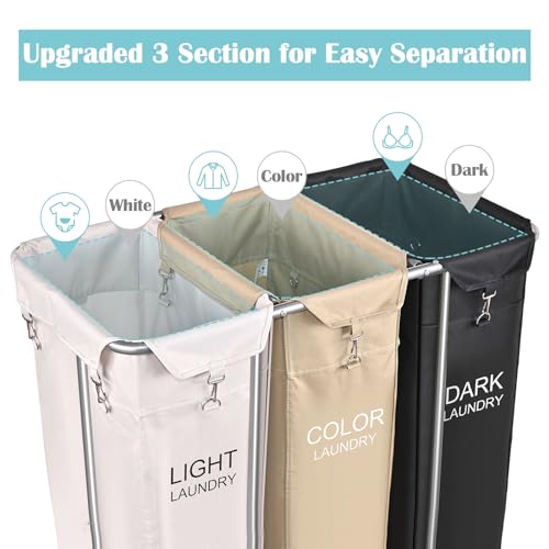 PLKOW Laundry Sorter 3 Section, 220L Large Laundry Cart with Wheels 3 Hamper Laundry Sorter with Steel Frame and Removable Bag, Rolling Laundry Cart for Home, Laundry Room, Hotel, 6 Bushel - color: White+Khaki+Black-220L