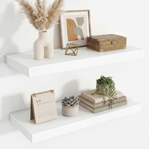 Acovy 24 Inch Floating Shelves for Wall Decor,9.3" Deep Floating Shelf Wall Book Shelves,Large Display Storage Shelf,Wall Mounted Shelves with Invisible Bracket for Living Room,Bedroom,Bathroom,White - color: White, size: 24 Inch,Set of 2