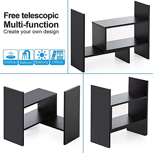 Sorfity Desktop Bookshelf Desk Storage Organizer Adjustable Wood Desktop Display Shelf Rack Counter Office Storage Rack Top Bookcase - Free Style Display Natural Stand Office Supplies Desk Organizer - color: Black