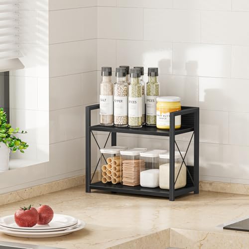 Giikin Kitchen Counter Shelf, 2 Tier Kitchen Spice Rack Organizer for Countertop, Wood Coffee Bar Organizer for Home (Black, S) - color: Black, size: Small
