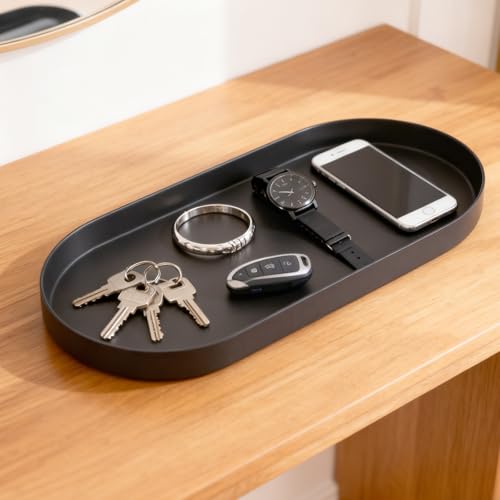 Oval Key & Wallet Tray, 12"x6"x0.8" Metal Valet Trays for Entryway Table, Minimalist Catch All Dish for Keys, Wallet, Jewelry, Black