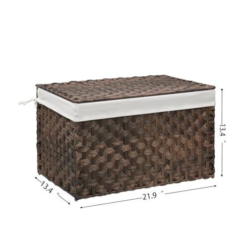 Wicker Storage Basket with Lid, 17.2 Gallon (65L) Small Blanket Basket with Lid, Woven Storage Bin with Handles, Removable Liner, Metal Frame, Foldable, for Bedroom, Laundry Room, Brown - color: Brown, size: 65L:13.4 x 21.9 x 13.4 Inches