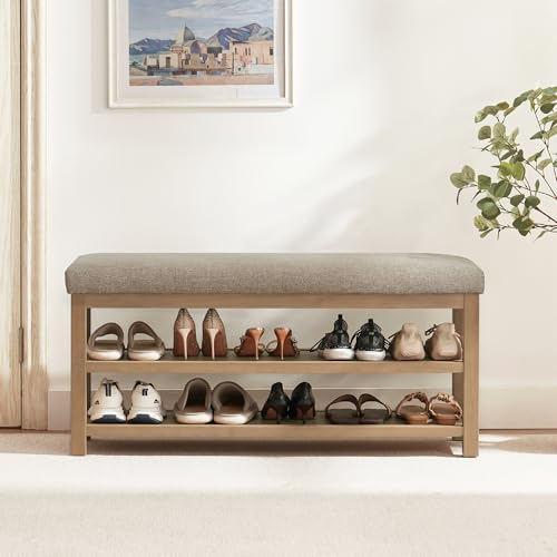 Zihanhome Shoe Rack Bench with Cushion, 2 Tier Solid Wood Storage Bench, Mid-Century Modern Shoe Bench for Entryway, Hallway, Closet, Front Door Entrance, Foyer (Brown, 46.5") - color: Brown, size: 46.5"