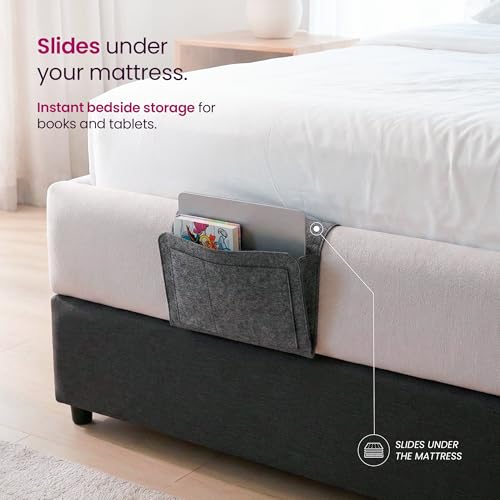 IWS Bedside Storage Caddy, Side-Storage Bag for Beds – Large Under-Bed Organizer Storage Organizer & Easy Access Pocket for Phone, Tablet & Remote, Fits Queen & King Beds, Gray