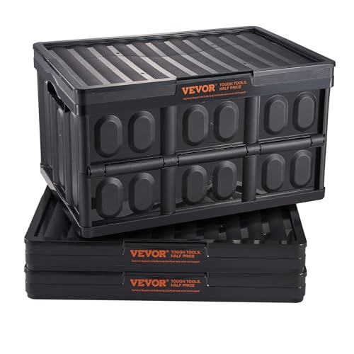 VEVOR 45L Collapsible Storage Bins with Lids 3 Packs, Stackable Utility Crates with Handles, Large Folding Containers for Organizing Tools, Snacks, Books, Food, Drinks, Camping & Transport - size: 45L-Black