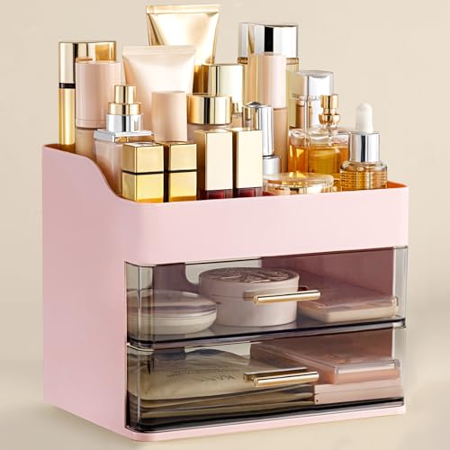 HBlife Makeup Organizer for Vanity with 2 Drawers, Large Plastic Bathroom Countertop Cosmetics Organizer Skin Care Storage, Easy to Store Lipsticks, Nail Polishes, Perfumes, Eyeshadow Palettes, Pink - color: Pink