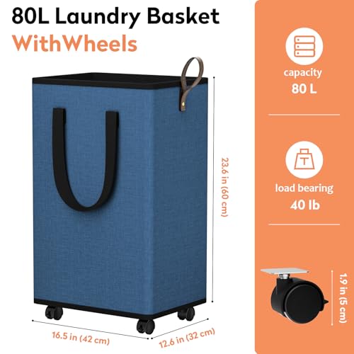 SpaceTrove Laundry Basket with Wheels, Collapsible Laundry Baskets, Laundry Hamper with Handles Detachable Wheels, Rolling Laundry Basket, Dirty Clothes Hamper for Bathroom, Dorm, Bedroom, Navy, 80L - color: Navy, size: 80L