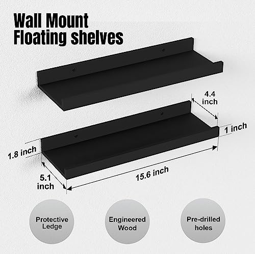 Boswillon Floating Shelves Wall Mounted Set of 2, Modern Black Wall Shelves for Storage with Lip, Display Picture Ledge Shelf for Wall Decor Bedroom Living Room Bathroom Kitchen - color: Black, size: 15.7 In