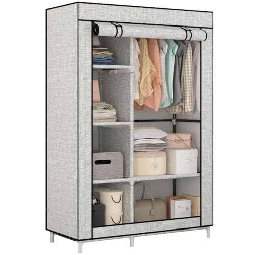 Calmootey Portable Closet Organizers, Clothing Storage, Wardrobe with 6 Shelves and Hanging Rod, Non-Woven Fabric Cover with 4 Side Pockets, Ash Grey - color: Ash Grey