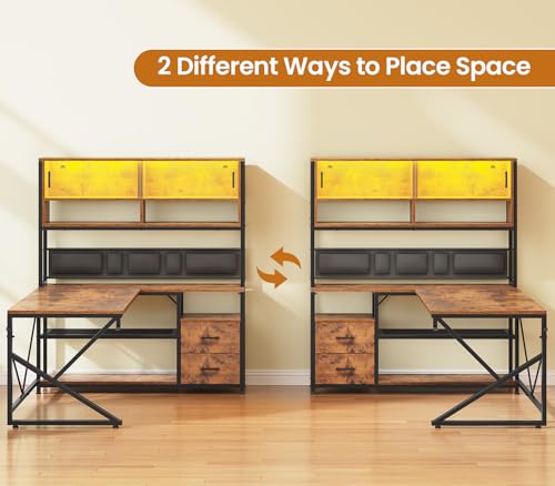 SEDETA L Shaped Computer Desk, Home Office Desk with 2 Drawer and Bookshelf, L Shaped Gaming Desk with LED Light, Glass Cabinet and Storage Bag, Corner Desk with Storage Shelves, Rustic Brown - color: Rustic Brown