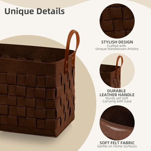 boldmonkey Laundry Basket 16.5 " x13 x13 , Large Rectangular Felt Fabric Blanket Basket with Leather Handle, Dirt Clothes Laundry Hamper for Babies, Dogs and Living Room-Brown - color: Wood Brown