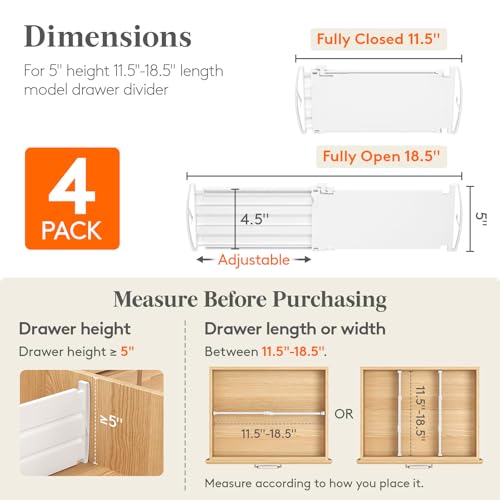 Lifewit 5" Tall 4 Pack Drawer Dividers, 30-47cm/11.5-18.5" Expandable Drawer Divider for Clothes, Adjustable Dresser Drawer Organizers, Drawers Separators for Dresser/Bathroom/Closet/Kitchen White - size: 5"H, 11.5-18.5"L