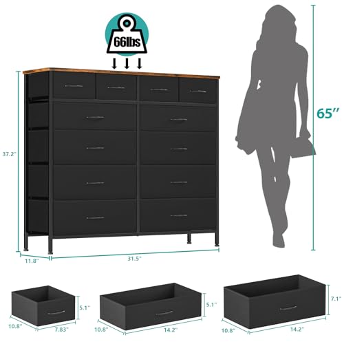 VASICAR Dresser for Bedroom with 12 Drawers, Tall Fabric Drawer Dresser, Compact Chest of Drawers for Closet, Nursery, Bedside, Living Room, Laundry, Entryway, Hallway - color: Rustic Black