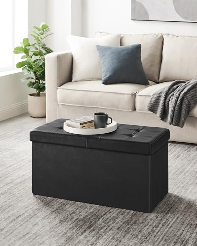 SONGMICS MAZIE Collection - 30 Inches Storage Ottoman Bench with Flipping Lid, Storage Chest Footstool, Load 660 lb, for Entryway, Living Room, Bedroom, Synthetic Leather, Black ULSF45BK - color: Black, size: 15"D x 30"W x 15"H