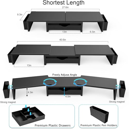 gianotter Dual Monitor Stand Riser, Desk Organizer With Drawer and 2 Pen Holders, Computer Monitor Stand, Shelf for Top of Desk, Black - color: Black
