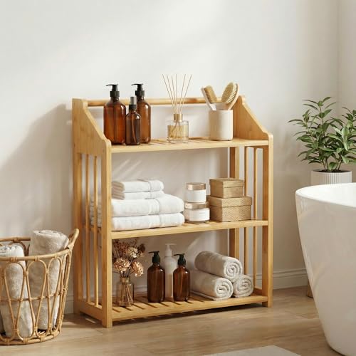 Goaste Bamboo Over The Toilet Storage Shelf, 3-Tier Wall Mounted Bamboo Rack Organizer, Floating Rack with Hanging Rod, Free Standing Shower Shelf with Adjustable Layer for Kitchen, Bathroom, Home