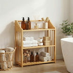 Goaste Bamboo Over The Toilet Storage Shelf, 3-Tier Wall Mounted Bamboo Rack Organizer, Floating Rack with Hanging Rod, Free Standing Shower Shelf with Adjustable Layer for Kitchen, Bathroom, Home