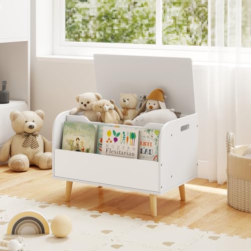 Costzon Kids Wooden Toy Box w/Front Bookshelf, Toy Storage Organizer w/ 4 Solid Wood Legs, Flip-top Lid, Safety Hinge & Cut-Out Handle, Toy Chest for Kids Room, Playroom, Nursery & Classroom - color: White, style: With legs
