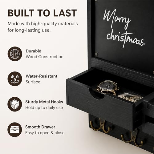 Dvobez Black Farmhouse Key Holder for Wall with Mail Organizer, 6-in-1 Entryway Organizer with Chalkboard, Drawer, Phone Wallet Holder, Top Shelf and 4 Double Hooks - color: Black