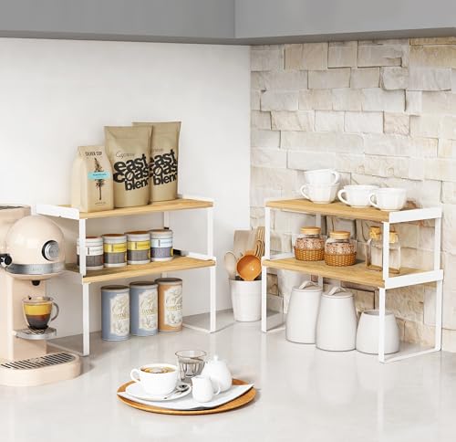 Goozii Kitchen Cabinet Organizer Shelf Set of 4, Large Stackable Pantry Cupboard Countertop Storage and Organizer, Desk Shelf Riser, Spice Plate Cup Expandable Storage Rack (Bamboo White) - color: White-bamboo, size: Large