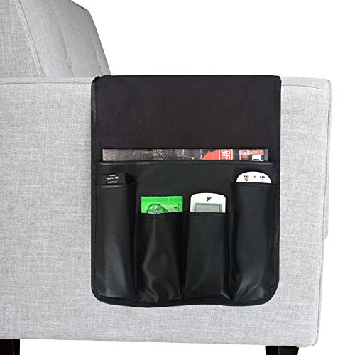 Luxury Leather Sofa Armrest Organizer, Non-slip Couch Sofa Chair Caddy with 5 Pockets for Phone, Book, Magazines, Tablet, Remote Control Holder Recliner Couch Tidy Hanging Storage Bag Arm Chair Tray - color: Black, Luxury Leather