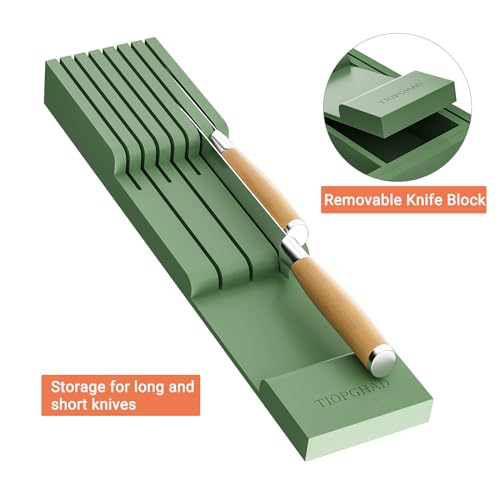 TIOPGHAD Bamboo-Silverware-Drawer-Organizer-Kitchen, Expandable Utensil Holder Cutlery Tray Flatware Organization Adjustable Wood Tableware Dividers Storage (with Removable Knife Block)(Grayish Green) - color: Grayish Green, size: Large