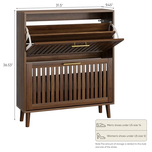 Smart FENDEE 31.5" W Shoe Cabinet Storage for Entryway with 2 Flip Drawers, Shoe Cabinet with Slatted Panel, Hidden Shoe Rack Freestanding Slim Shoes Organizer for Hallway, Entrance, Walnut - color: Walnut, size: 31.5" W