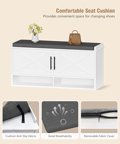 Farmhouse Shoe Storage Bench with Cushion, Entryway Bench with Adjustable Shelves and Open Bottom Shelf, Hidden Shoe Cabinet Storage for Entryway, Hallway, Living Room, Bedroom, White