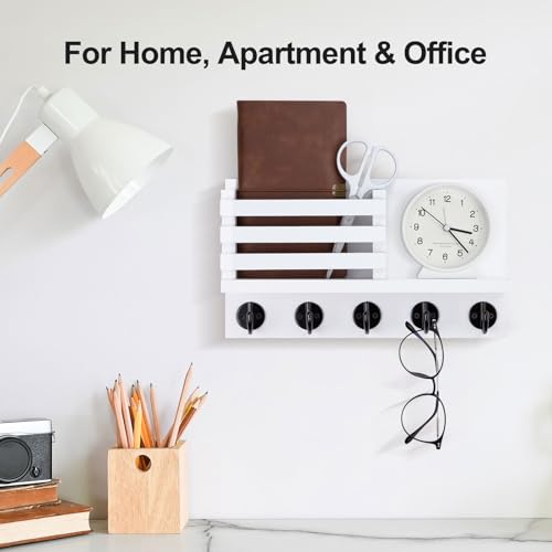 Lwenki Key Holder for Wall – Decorative Wooden Mail Holder and Key Shelf with Mounting Hardware, Installation Guide – Paulownia Wood with Metal Key Hooks (White, Large - 11.8inch) - color: White, size: Large - 11.8inch