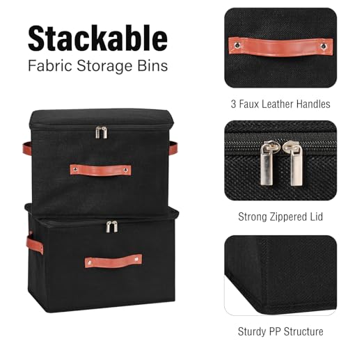 Storage Bin Box with Zippered Lid Cotton Linen Fabric Decorative Basket with PU Leather Handles PP Plastic Board Foldable Lidded Clothing Shelf Closet Organizer Container (Black, Large) - color: Black, size: Large ( Pack of 1 )