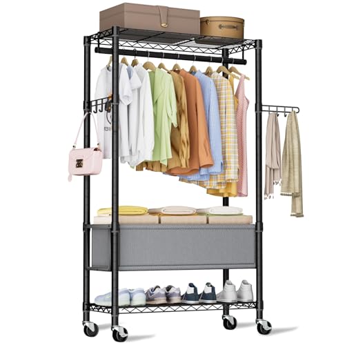 Heavy Duty Clothes Rack Rolling Garment Rack,3 Tier Adjustable Wire Shelving Clothing Racks for Hanging Clothes with Double Rods&Side Hooks,Freestanding Wardrobe Storage Rack Metal Portable Closet - color: Black8, size: 15.75"D x 31.8"W x 78.75"H