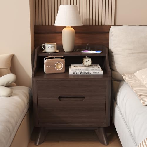 Night Stand with Charging Station, 21" Nightstand with Drawer/Open Shelves, Modern Nightstand w/2 Storage Drawers for Bedroom, Wood Bed Side Table End Table Bedside Table for Dorm, Home Office, Brown - color: Brown, size: 15.8"D x 17.7"W x 21.7"H (2 Drawe