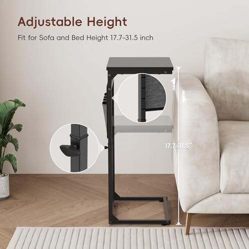Vagusicc C Shaped End Table, 33'' Tall Side Table for Couch, Adjustable Height Small Couch Side Table for Small Spaces, Couch Table Slide Under Sofa Table TV Tray Table for Living Room Bedroom, Black - color: Black