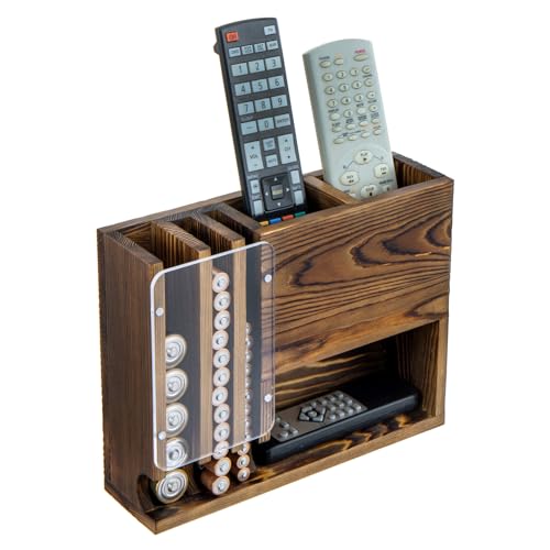 MyGift Wall-Mounted Remote Control Holder with Battery Storage Organizer, 2 Slot TV Remote Caddy, Rustic Burnt Wood, for Office, Home