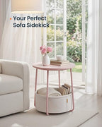 SONGMICS HOME Small Side Tables, Round End Tables, 2 Tier Nightstands with Basket, U Shaped Steel Legs, Easy Assembly, for Living Room, Bedroom, Set of 2, Pink and White - color: Pink + White, size: 2 pack