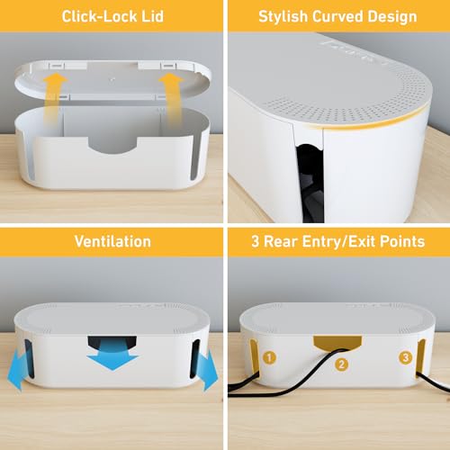 D-Line Cable Management Box, Power Strip Holder, Floor Outlet Hider, Desk Cord Organizer, Cover TV Wires, 12.75" (L) x 5" (W) x 4.5" (H), for use with Power Strips up to 10.5in Length - Small, White - color: White, size: Small