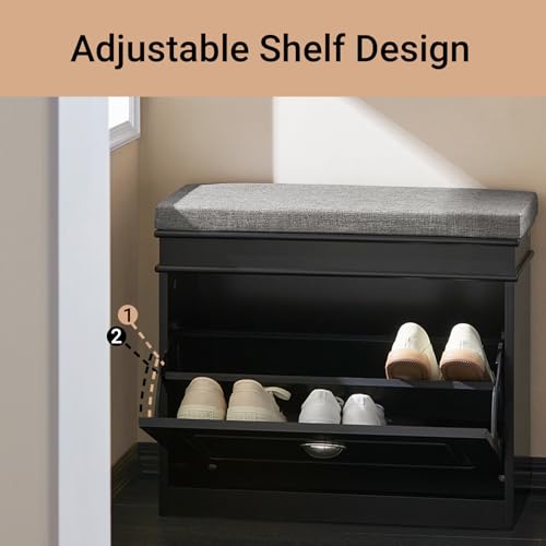 Haotian Black Hallway Shoe Bench, Narrow Shoe Rack Entryway, Small Shoe Cabinet with Flip-Drawer and Seat Cushion, FSR82-K-SCH - color: Black, size: 1 Drawer:24x9.4x20"