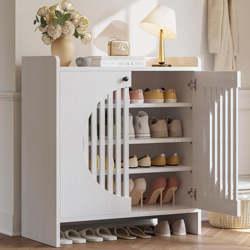 LIKIMIO Shoe Cabinet with Adjustable Shelves, 4-Tier Shoe Storage Cabinet with Slatted Doors, Freestanding Wooden Shoe Cabinet Storage for Entryway, Hallway, Living Room, White - color: White
