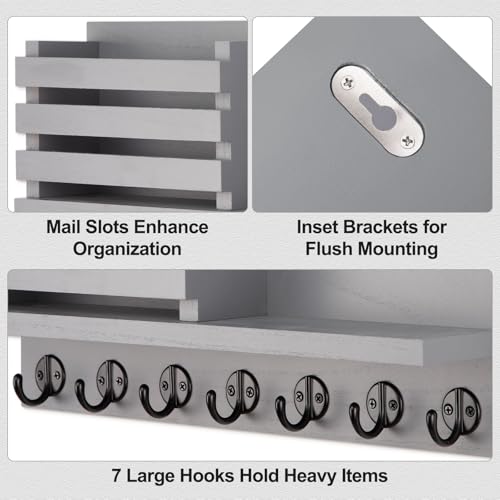 Lwenki Key Holder for Wall – Decorative Wooden Mail Holder and Key Shelf with Mounting Hardware, Installation Guide – Paulownia Wood with Metal Key Hooks (Gray, Extra Large - 15.6inch) - color: Gray, size: Extra Large - 15.6inch
