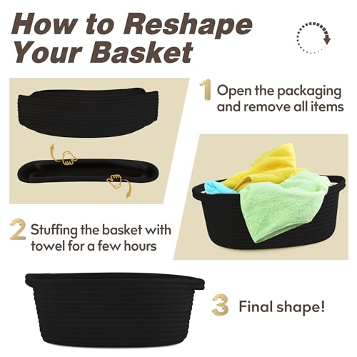 Pro Goleem Small Woven Basket with Gift Bags and Ribbons Durable Baskets for Gifts Empty Small Rope Basket for Storage 12"X 8" X 5" Baby Toy Basket with Handles, Black - color: black