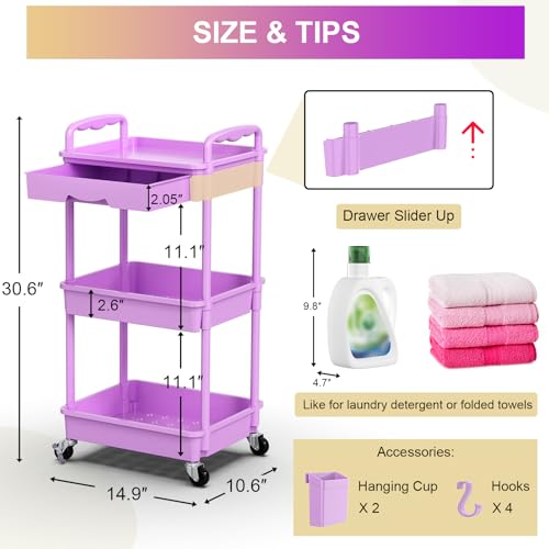 Goovilla 3 Tier Rolling Utility Cart Organizer with Removable Drawer, Stable and Sturdy Purple Rolling Storage Carts with 2 Lockable Wheels for Bathroom, Kitchen, Snack, Craft, Makeup, Baby Essentials - size: 3 Tier, style: Purple