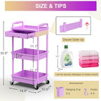 Goovilla 3 Tier Rolling Utility Cart Organizer with Removable Drawer, Stable and Sturdy Purple Rolling Storage Carts with 2 Lockable Wheels for Bathroom, Kitchen, Snack, Craft, Makeup, Baby Essentials - size: 3 Tier, style: Purple