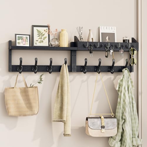 Evermagin 35" Coat Rack Wall Mount with Shelf, 4 in 1 Coat and Key Hanger with 13 Metal Hooks, Entryway Wall Mounted Shelf with Mail Holder for Living Room, Bedroom, Black - color: Black, size: 35 Inch