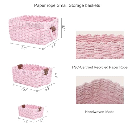 Small baskets for Organizing,Cute woven Storage basket with recycled paper rope for Shelves Bathroom,Little decorative basket,Set of 3 (Pink) - color: Pink