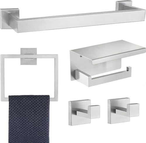 5 Pieces Bathroom Hardware Accessories Set Brushed Nickel, 16Inch Square Towel Racks Set for Bathroom, SUS304 Stainless Steel Towel Bar Set,Toilet Paper Holder with Shelf Wall Mounted - color: Brushed, size: 16" 5pcs