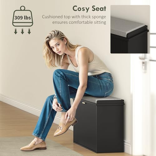 HOMCOM Narrow Shoe Bench with Padded Seat Cushion and Flip-Drawer, Small Entryway Bench Holds up to 265lb, Shoe Cabinet, 31.5x10.2x18.7 Inches, Black - color: Black, size: 31.5" x 10.2" x 18.7"